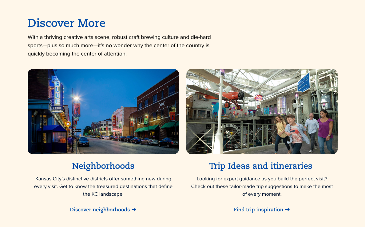 Screen from Updated Visit KC website showing ways to discover Kansas City neighborhoods and create trip itineraries.